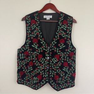 Vintage Chrysantheme Women’s Black Red Embroidered 100% Cotton Floral Vest Large
